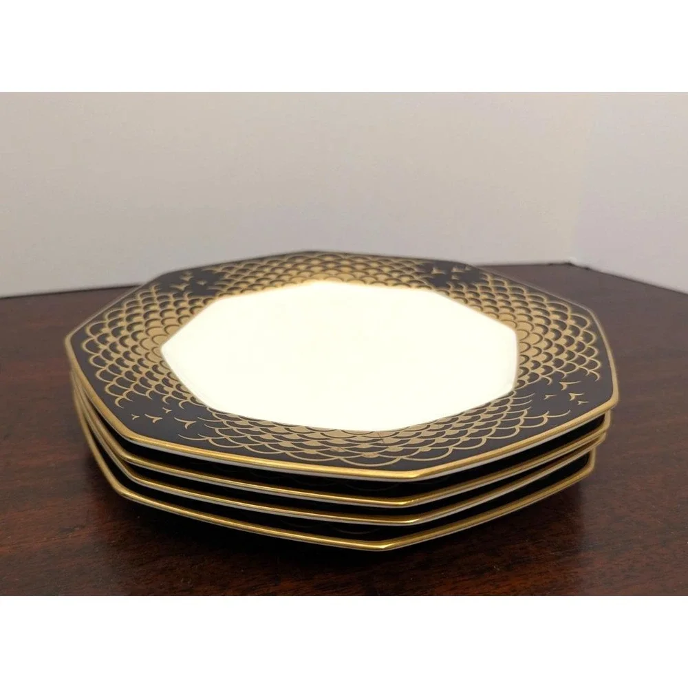 Mikasa Aegean Gold A7212 Bone China Luncheon Plates Set of 4 Black Gold Japan